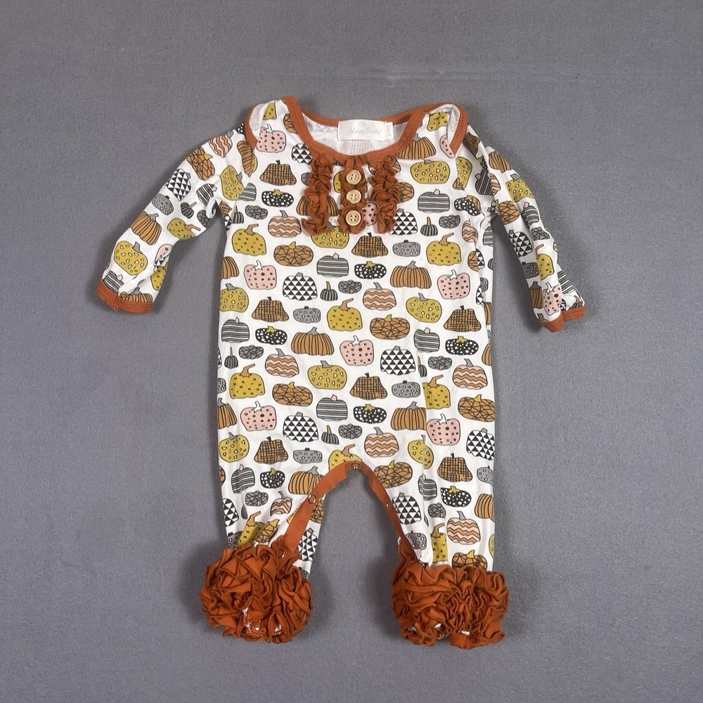 Marie Nicole Clothing Girls Sz 9-12 Months Pumpkin Fall Romper With Ruffles